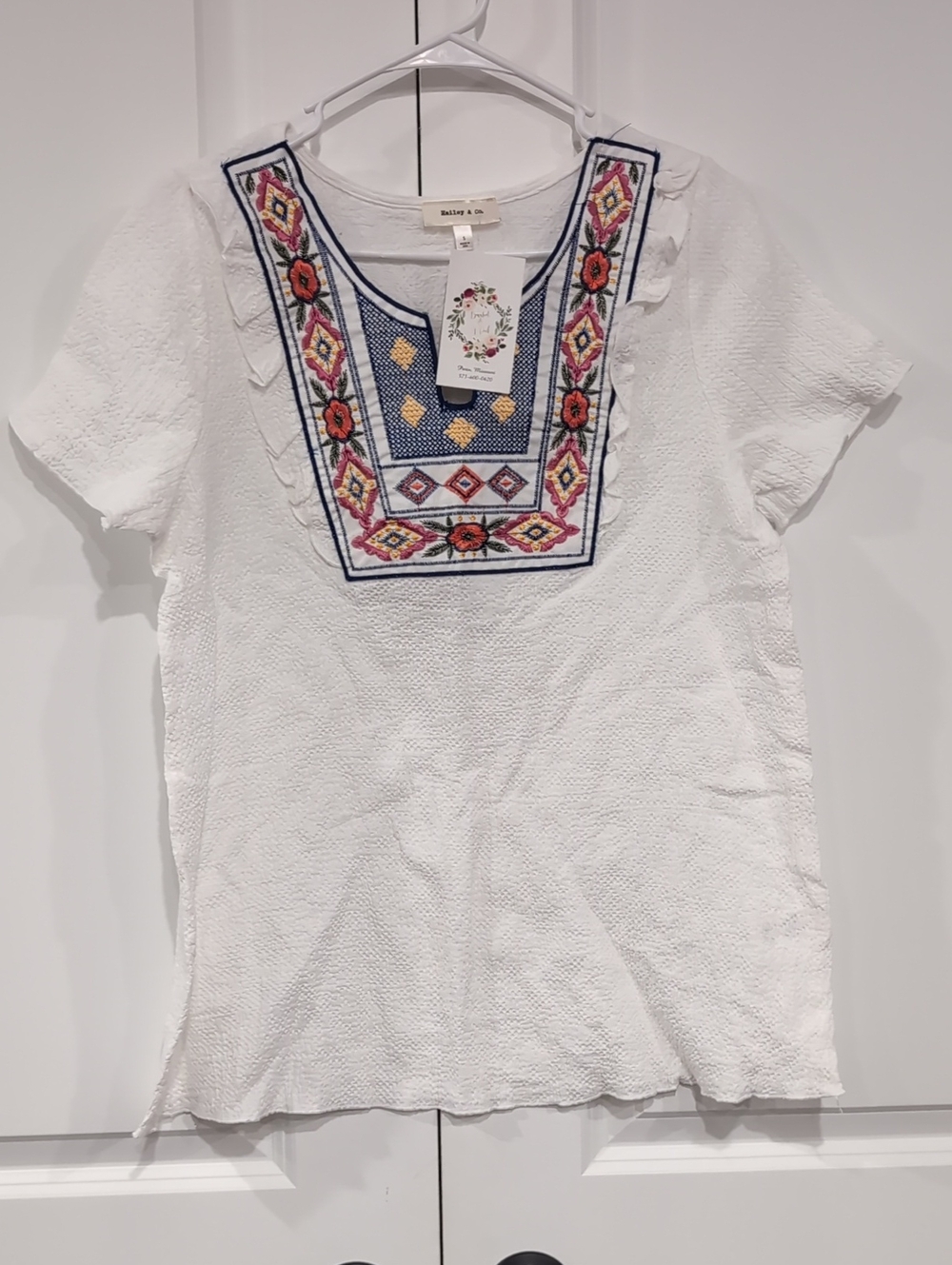 White Embroidered Short-Sleeve Blouse with Multicolor Bib